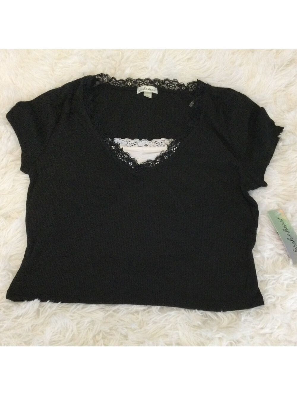 Derek Heart black cropped tee with white lace trim inset Woman’s XL - Picture 9 of 9